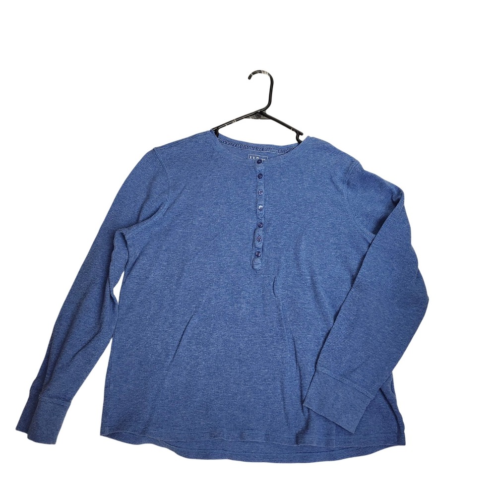 LL Bean Womens 1X Blue Waffle Knit Henley Long Sleeve Shirt Cotton Stretch Top